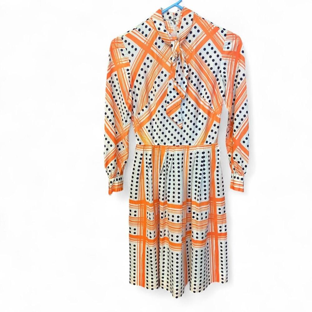 Vintage 70s Orange Plaid Polka Dot Dress with Bow Neck size XS